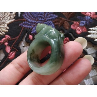 玉石翡翠 老油青起膠水頭足 貔貅玉版指19.9mm 女生男生戒指