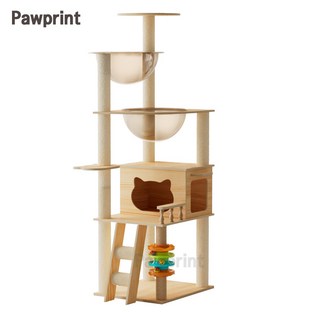 Pawprint 원목 캣타워 대형 소형 고양이 캣타워 우주선 아크릴 투명 캣하우스 다기능 고양이 놀이 공간 다묘가정 초보집사 먼치킨 성인묘 거실 원룸 실내용 다양한 고양이 활동에, 1개