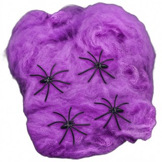 萬聖節紫色蜘蛛絲裝飾組，含黑色小蜘蛛，派對裝飾，萬聖節佈置, 紫色4包