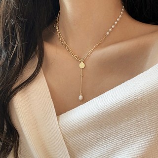 [바네코] 진주 코인 팬던트 믹스체인 레이어드 발란스 목걸이