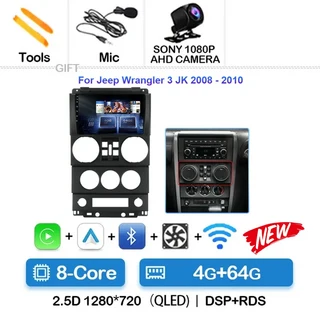 CarPlay 안드로이드 15 지프 랭글러 무제한 3 JK 2008 - 카메라 자동차 GPS Navi 헤드 유닛 라디오 4G LTE, 09 4G-64G CAM