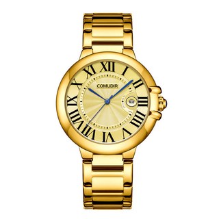 COMUDier 男士石英腕錶 羅馬數字 日曆顯示 金色錶帶