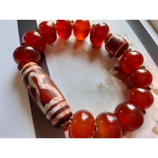 西藏老硃砂天珠 《五路財神硃砂天珠 南紅瑪瑙盤珠 綠杜母天珠》招財天珠手鍊 手圍17cm