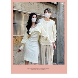 情侶裝毛衣 2022秋冬新款 女款披肩蝴蝶結吊帶連衣裙 男款圓領針織上衣