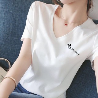 코튼 피부 브이넥 티셔츠 여성 프린트 루즈 언더 흑백 반팔, 화이트 미키