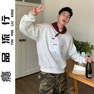 【癮品流行-YP】韓版情侶印花長袖大學T，寬鬆落肩圓領衛衣，秋冬潮流情侶裝，舒適百搭情侶款