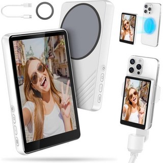 후면 셀카 모니터 미러링 스마트폰 보조 카메라 화면 iPhone 콘텐츠 제작자를 위한 최신 마그네틱 휴대폰 브이로그 백 모니터 인플루언서 라이브 스트리밍 및 틱톡 아이폰, White-L