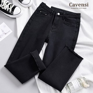 【Cavensi】S-5XL/台灣出貨 牛仔褲 薄款牛仔褲 毛邊直筒褲 大尺碼高腰小黑褲 黑色牛仔褲 九分牛仔褲 A91