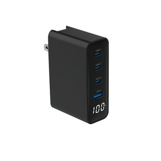 100W GaN氮化鎵充電頭 四孔充電器 極速充電 PD QC快充 蘋果/安卓通用 -, U410-黑色【四孔帶數顯】, 1個