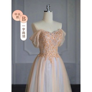 伴娘服冬季新款小衆晚禮服高端輕奢顯瘦大碼姐妹團禮服新中式一字肩女伴娘禮, 卡其色中長款B款,XL