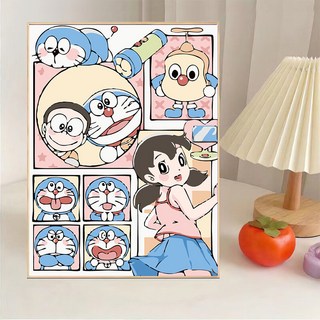 DIY數字油畫 兒童卡通動漫塗色手工繪畫教材, 哆啦A夢KK1719,40*50內框+畫筆+顏料+膠膜, 1個