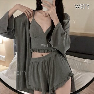 WEI' Y帶胸墊睡衣 韓國居家服 棉質吊帶 ins女生睡衣 舒適軟糯 居家服 睡衣套裝 三件式睡衣 長袖睡衣