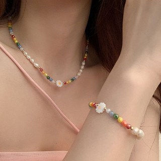 여성 컬러 글라스 플라워 비즈 진주 목걸이 팔찌 2종 세트 A548S