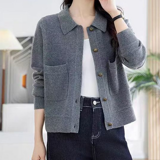 TKX 여성용 가을 간절기 니트 가디건 베이직 심플 스타일 포켓 디테일 출근룩 KN89