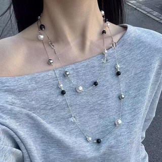 破碎都市 黑白水晶珍珠項鍊 高級感毛衣鏈 氣質鎖骨鏈 (全店折扣)