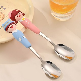 學習湯匙 寶寶餐具 寶寶自主進食勺子 嬰兒初學者輔食勺子 不銹鋼防摔餐具 兒童卡通學習餐具, 1個, 【升級抗菌】316元寶勺【小男孩+小女孩