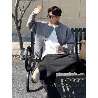 臺灣爆品-老錢風純色開衫棒球領針織衫外套男秋季新款寬鬆休閒百搭慵懶上衣