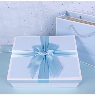 酷喜幼幼 現貨- 高級蝴蝶結禮物盒子 天地蓋禮盒 包裝盒 情人節禮盒 生日禮盒, 1個, 藍色空盒+禮袋 (送拉菲草),大28x21x10cm