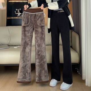 特大尺碼女裝休閒長褲 40-150公斤可穿 春秋冬加絨加厚闊腿褲 高腰鬆緊腰顯瘦喇叭褲