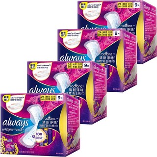 Always Whisper Radiant 導管式衛生棉/靠墊 24公分 9片裝, 4套, 9個裝