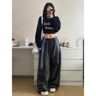 休閒工裝褲，寬褲，條紋設計，多口袋，運動休閒風