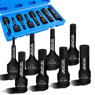 JEUCLEL 8피스 육각 임팩트 비트 소켓 세트 1.3cm(1/2인치) 임팩트 드라이브 앨런 소켓 키트 Cr-Mo 스틸 길이 육각 스크루 드라이버 소켓 어댑터, JEUCLEL 8피스 육각 임팩트 비트 소켓 세트, 1