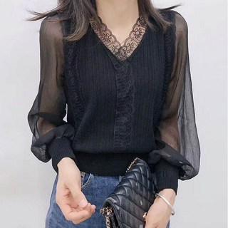 여성 봄가을 쉬폰 니트 블라우스 브이넥 시스루 소매 레이스 긴팔 상의 니트티