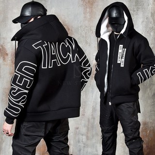 타이포 그래픽 오버핏 퍼 블랙 후드 집업 자켓