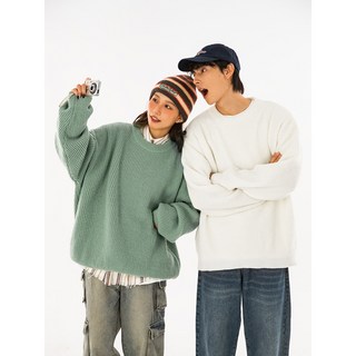 韓路基礎款粗針毛衣，男女情侶款秋冬圓領重磅百搭日系針織衫外套