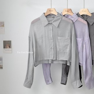 Fee翻領短版排釦透膚襯衫，9色可選，防曬透氣薄長袖，韓系小外套女上衣