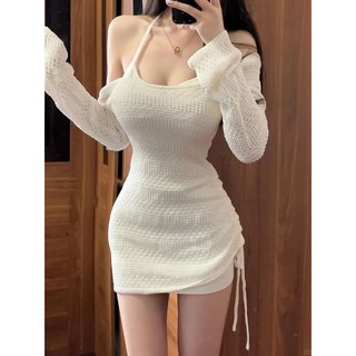 砂糖夢境 不規則長袖鏤空防曬罩衫套裝，夏季純欲風辣妹修身氣質掛脖吊帶裙，海灘度假性感穿搭, 吊帶【單件】,S 【建議40.0-47.5公斤】