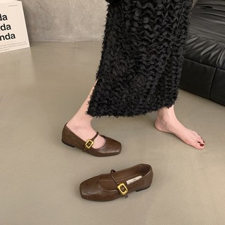 瑪莉珍鞋 娃娃鞋 小方頭 軟皮 奶奶鞋 一字帶單鞋 復古平底小皮鞋, 棕色,40