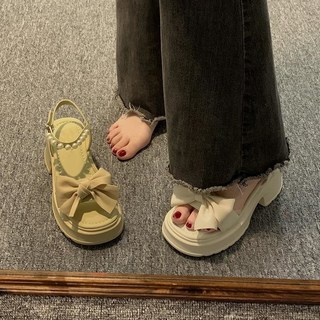 35-43大碼女鞋胖腳 厚底珍珠蝴蝶結露趾涼鞋41仙女風鬆糕羅馬鞋42, 米白色【精品升級版】,35