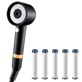 데일앤드 4단 온오프 수압상승 조절 필터샤워기 헤드 + 교체 필터 5p 세트, 블랙, 1개