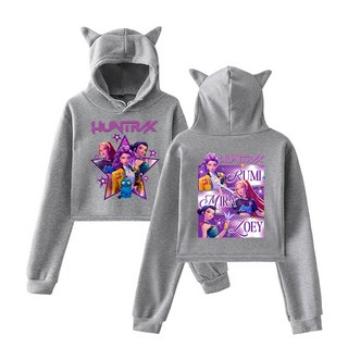 獵魔女團KPop Demon Hunters新款動漫卡通周邊印花時尚女裝貓耳朵連帽短款衛衣, 1個, 灰色2