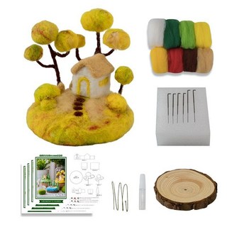 微景觀小屋羊毛氈手工DIY材料包 附玻璃罩 擺件 朋友家人自製禮物 臺灣出貨, 1個, 【葉落知秋】圓木片款