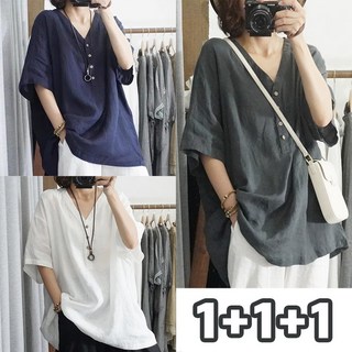 1+1+1 여성 여름 브이넥 린넨 반팔 셔츠 블라우스 빅사이즈 5부 오버핏 면 마 버튼 반팔티 데일리룩 3종세트