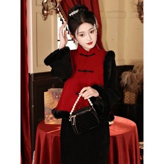 黑色旗袍套裝 秋冬加絨加厚 過年拜年唐裝風馬甲襖