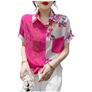 여름 여성용 루즈핏 프린트 셔츠 배색 레터링 반팔티