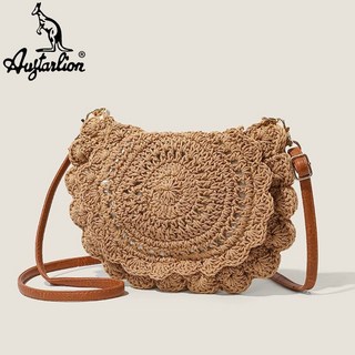 Augtarlion夏日度假風編織包 鏤空單肩斜挎草編馬鞍包 大容量海灘包