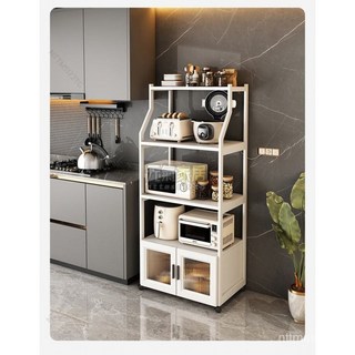 廚房多功能分層微波爐置物櫃現代碳鋼墻角帶輪儲物收納落地置物架櫥櫃 側櫃 餐邊櫃 廚房櫃 微波爐置物架 層架, 黑色,1670*440*960(5層）