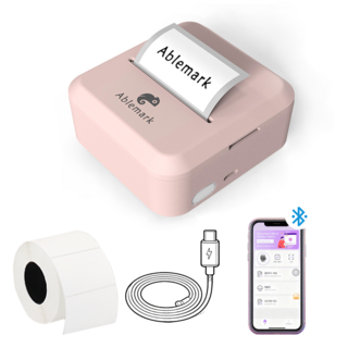 Ablemark 라벨 프린터기 스티커 라벨지포함 고속인쇄 바코드 생성 큐알코드 스캔 가능, 1세트, 핑크