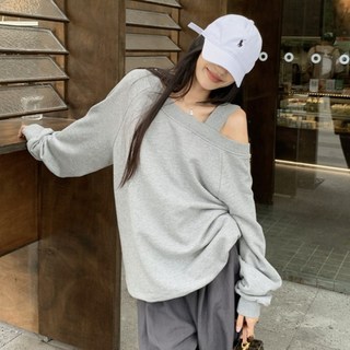 露肩斜肩上衣，寬鬆長袖性感上衣，百搭時尚女裝