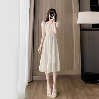 法式浪漫復古時髦洋氣2025年收腰白色連衣裙透氣輕薄短袖中長款裙, 白色【1903#】,XL【建議60.0-70.0公斤】
