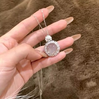 鴻利首飾廠 冰透白玉髓鑲鑽蛋麵吊墜項鏈 新款精緻輕奢時尚鎖骨鏈