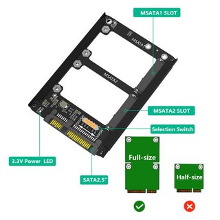 MSATA to 어댑터 라이저 듀얼 SSD 2.5 인치 SATA3.0 6Gbps 카드 메탈 케이스 소켓 인클로저 포함, 1개
