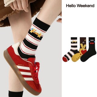 Hello Weekend 여성 양말 귀여운 강아지 겨울 양말 중목 양말 장목 양말 중목 양말 스트라이프 배색 편안한 무압박 운동 통기성 패션 면 양말 3족 세트