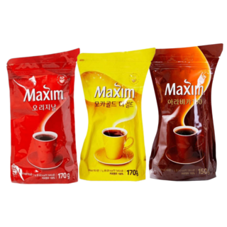 <꾼들>맥심 오리지날 170g리필+ 맥심 모카골드170g리필 +아라비카150g리필+ 루카스나인 시그니처 라떼 1T, 170g