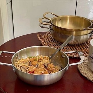 韓式泡麵鍋家用不銹鋼海鮮火鍋雙耳小火鍋金色湯鍋韓式部隊火鍋, 1個, 韓式小金鍋丨直徑19cm*高5cm