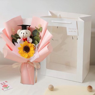 小確幸 仿真向日葵花束 成品博士熊玩偶 畢業禮物 教師節禮物 畢業花束 國考禮物, 博士熊花束粉色+禮品袋, 1個
